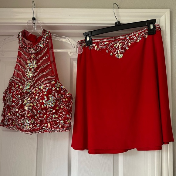 Red two piece beaded homecoming formal dress - Picture 2 of 16